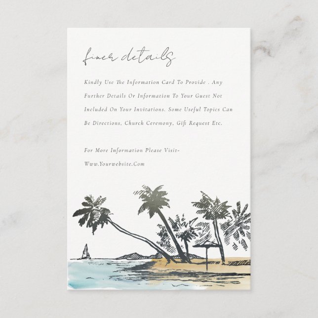 Tropical Beach Palm Tree Sketch Wedding Detail Enclosure Card (Front)
