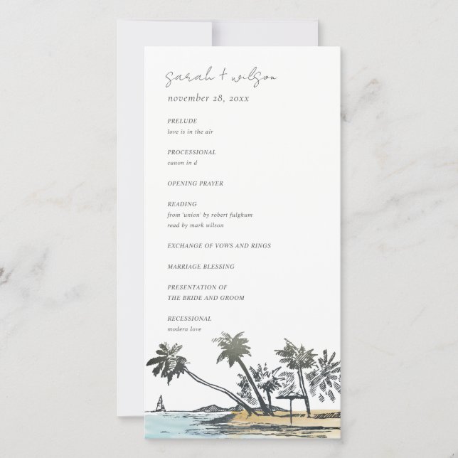 Tropical Beach Palm Tree Sketch Wedding Program (Front)