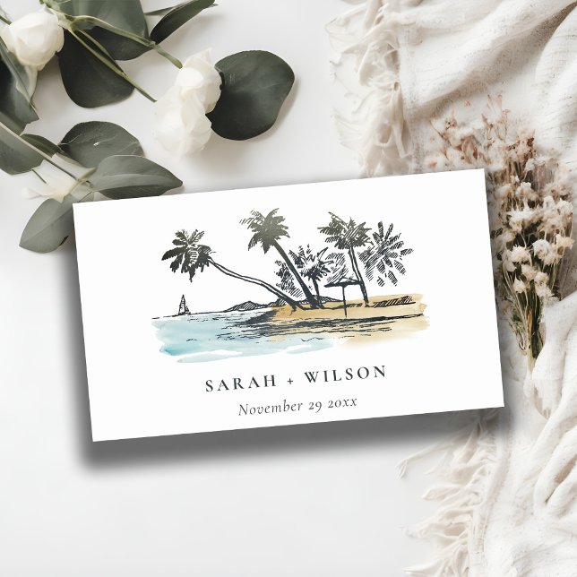 Tropical Beach Palm Tree Sketch Wedding Website Enclosure Card (Creator Uploaded)