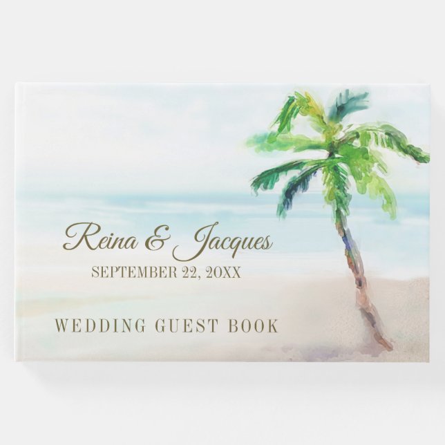 Tropical Beach Palm Tree Watercolor Wedding Guest Book (Front)