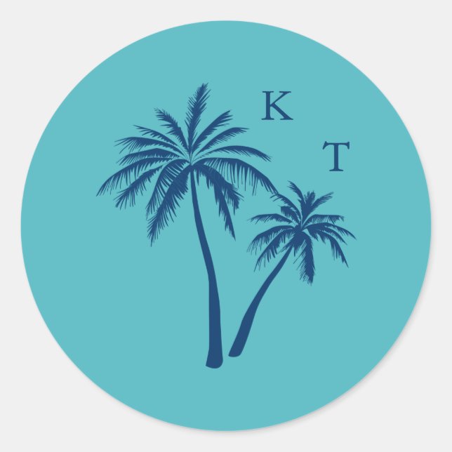 Tropical Beach Palm Tree Wedding Monogram Classic Round Sticker (Front)
