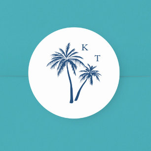 Tropical Beach Palm Tree Wedding Monogram Classic Round Sticker
