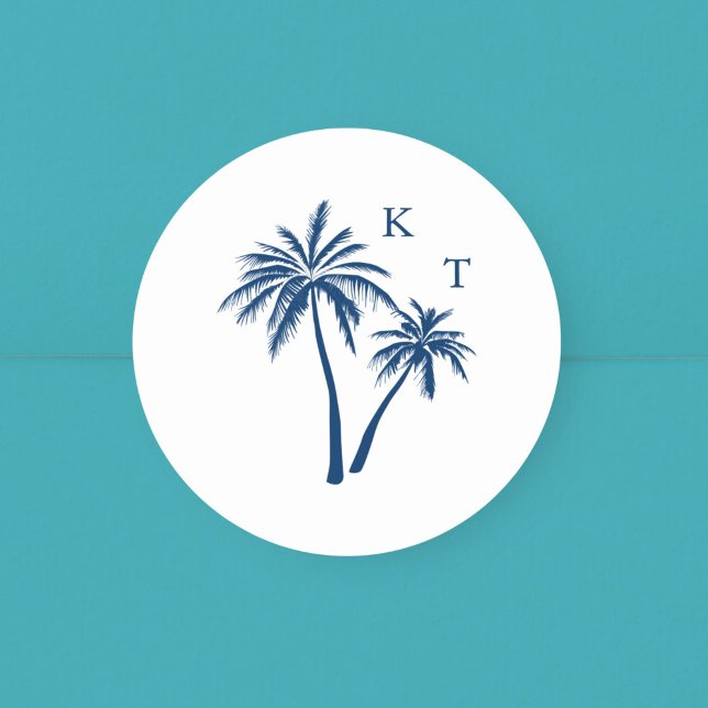Tropical Beach Palm Tree Wedding Monogram Classic Round Sticker (Creator Uploaded)
