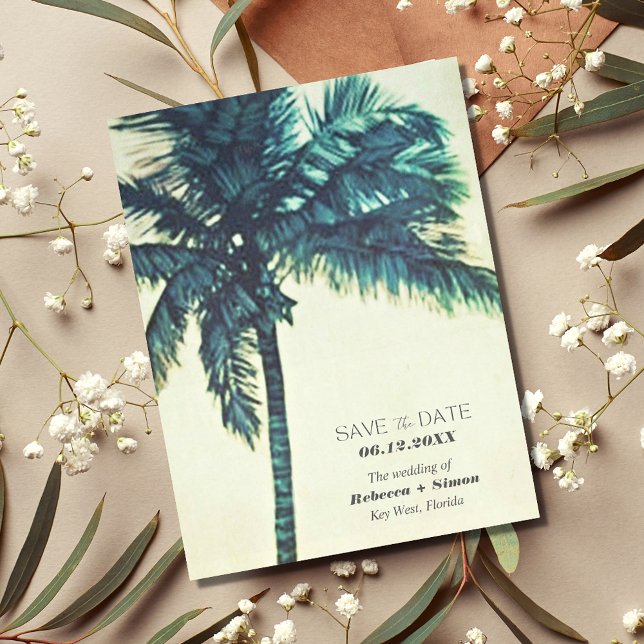 Tropical Beach Palm Tree Wedding Save the Date Announcement Postcard (Creator Uploaded)