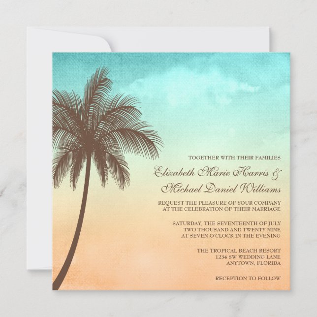 Tropical Beach Palm Tree Wedding Square Invitation (Front)