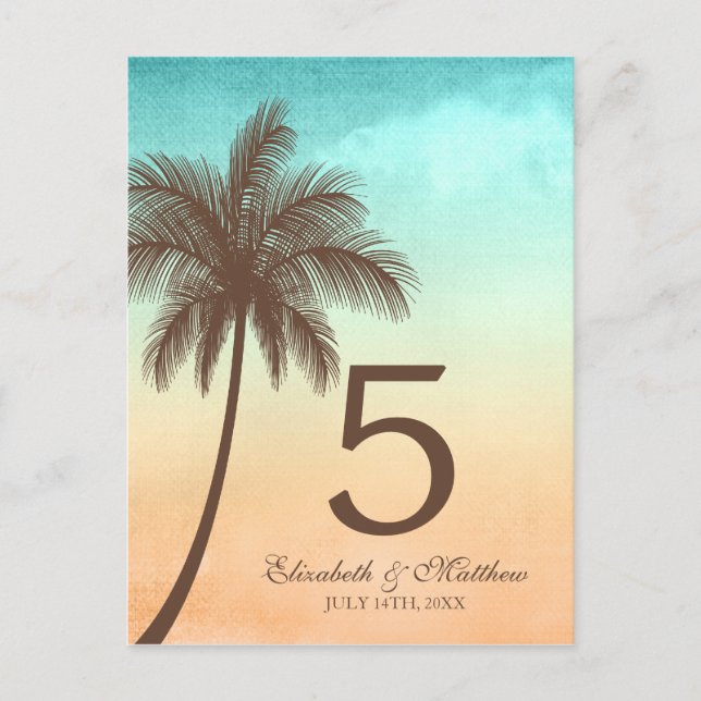 Tropical Beach Palm Tree Wedding Table Number Postcard (Front)
