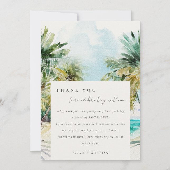 Tropical Beach Palm Trees Baby Shower Thank You Invitation (Front)