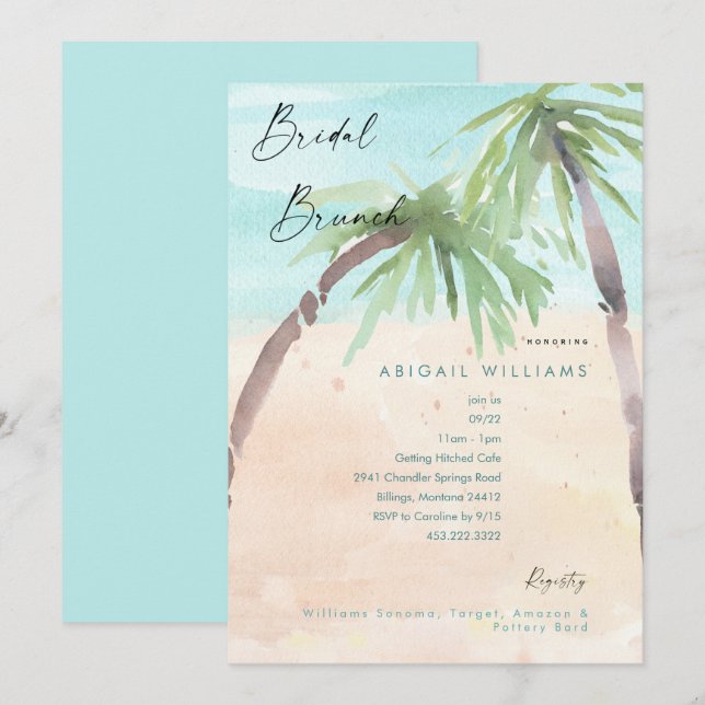 Tropical Beach Palm Trees Bridal Brunch Invitation (Front/Back)