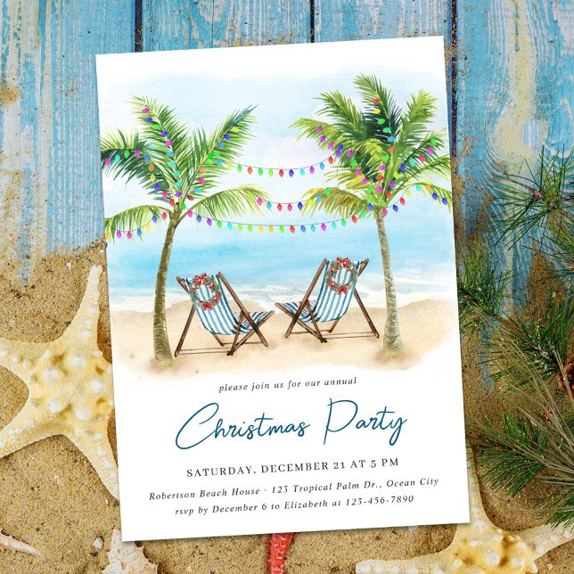 Tropical Beach Palm Trees Christmas Party Invitation (Creator Uploaded)