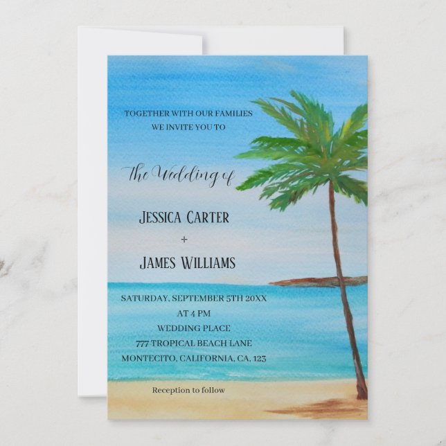 Tropical Beach Palm Trees Destination Wedding Invitation (Front)