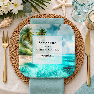 Tropical Beach & Palm Trees Elegant Wedding Paper Plate