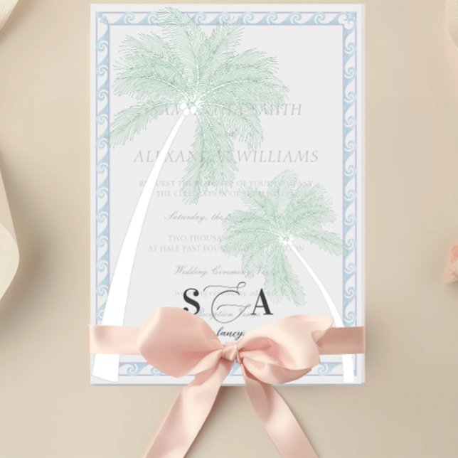 Tropical Beach Palm Trees Minimalist Vellum Invitations (Tropical Beach Palm Trees Minimalist Preppy Grand Millennial Vellum Overlay for Wedding Invitations)