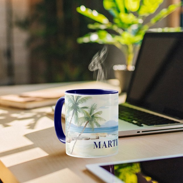 Tropical beach palm trees name blue mug (Creator Uploaded)