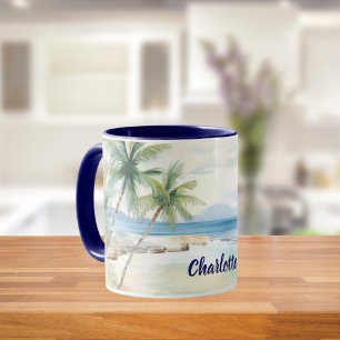 Tropical beach palm trees name blue summer mug