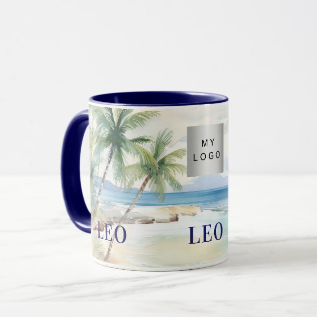 Tropical beach palm trees name business logo mug (Front Left)