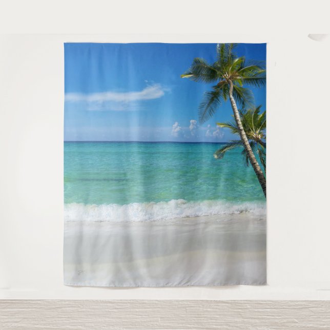 Tropical Beach Palm Trees Photobooth Backdrop Tapestry (Front)