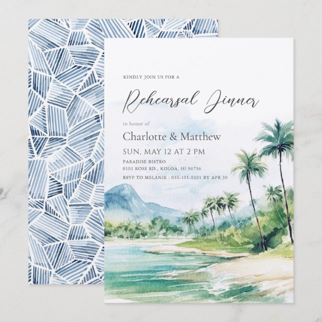 Tropical Beach Palm Trees Rehearsal Dinner Invitation (Front/Back)