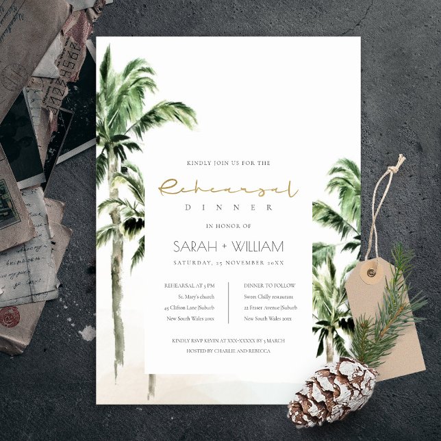 Tropical Beach Palm Trees Rehearsal Dinner Invite (Creator Uploaded)