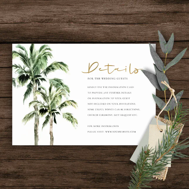 Tropical Beach Palm Trees Rustic Wedding Detail Enclosure Card | Zazzle