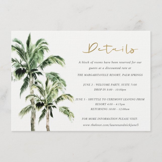 Tropical Beach Palm Trees Rustic Wedding Detail Enclosure Card (Front)
