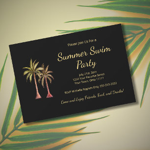 Tropical Beach Palm Trees Summer Pool Party Black Invitation