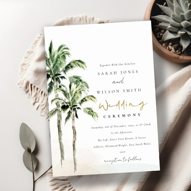 Tropical Beach Palm Trees Watercolor Wedding Invitation (Creator Uploaded)