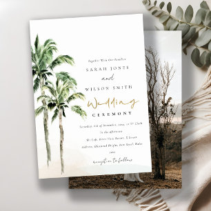 Tropical Beach Palm Trees Watercolor Wedding Photo Invitation