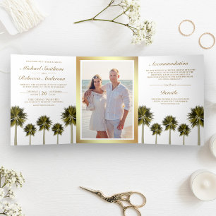 Tropical Beach Palm Trees Wedding Photo Tri-Fold Invitation