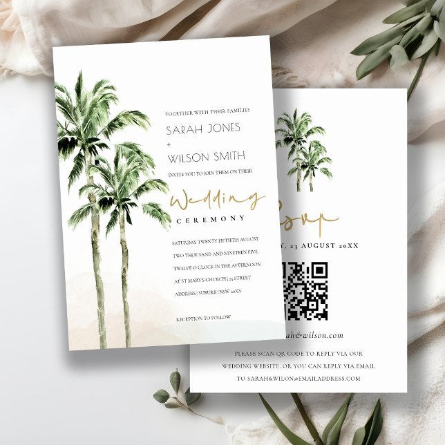 Tropical Beach Palm Trees Wedding QR Code RSVP Invitation (Creator Uploaded)
