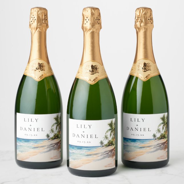 Tropical Beach Palm Trees Wedding Sparkling Wine Label (Bottles)