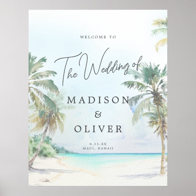 Tropical Beach Palm Trees Wedding Welcome Sign (Front)