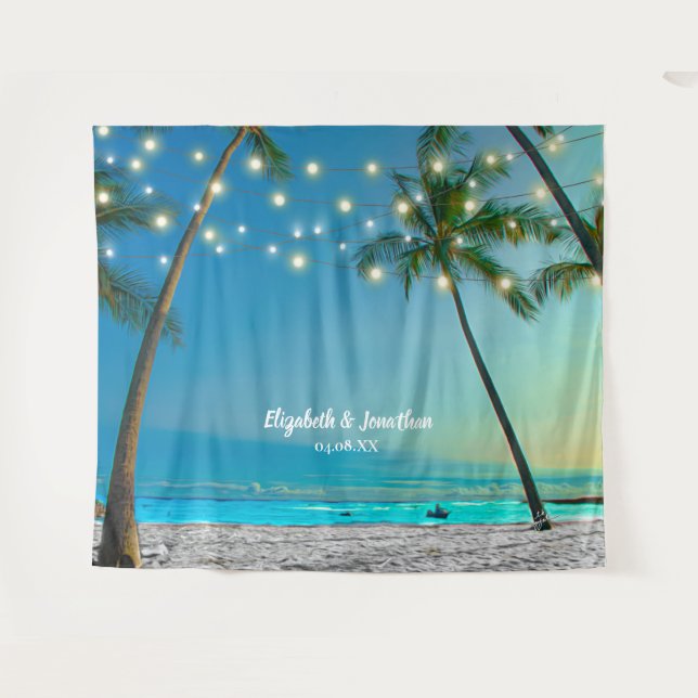 Tropical Beach Palm Wedding Photo Booth Backdrop Tapestry (Front (Horizontal))