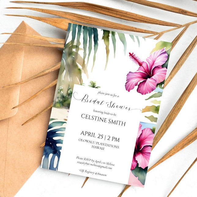 Tropical beach palms hibiscus bridal shower invitation (Tropical beach palms hibiscus bridal shower template invitation digital download watercolor palms)