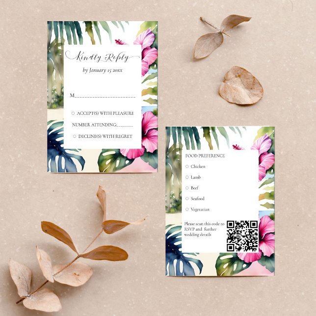Tropical beach palms hibiscus wedding RSVP card (Tropical beach wedding RSVP card watercolor palm trees palm leaves pink hibiscus flowers QR RSVP )