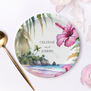 Tropical beach palms hibiscus wedding template paper plate