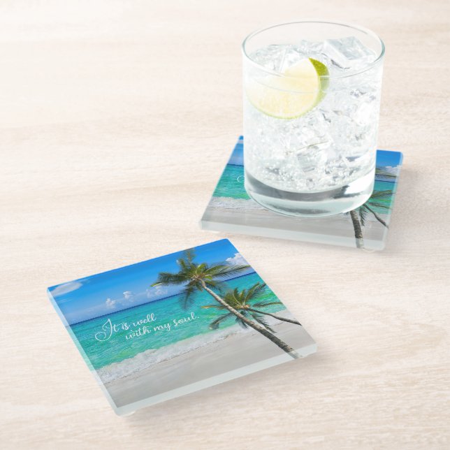 Tropical Beach Palms Inspirational It Is Well Calm Glass Coaster (Angled)