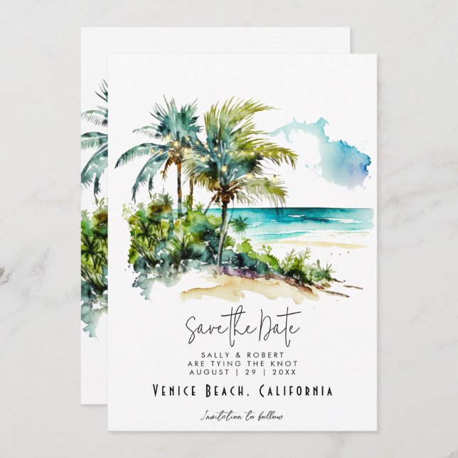 Tropical beach palms lights save the date card (Front/Back)