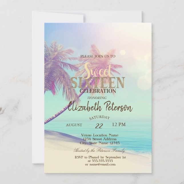 Tropical Beach Palms Summer Sweet 16 Party Invitation (Front)