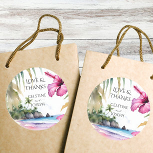 Tropical beach palms wedding thank you favour classic round sticker