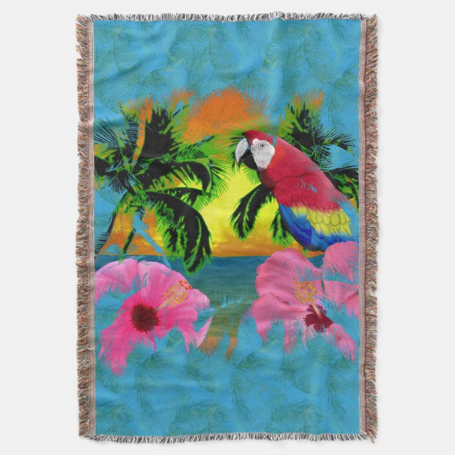 Tropical Beach Parrot Throw Blanket (Front Vertical)