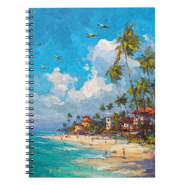 Tropical Beach Parrots Palm Sky Art Notebook (Front)