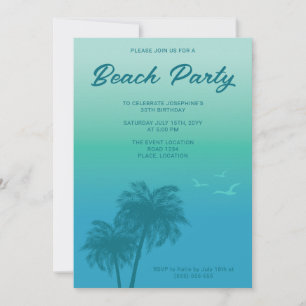 Tropical Beach Party Aqua Blue Palm Trees Birthday Invitation