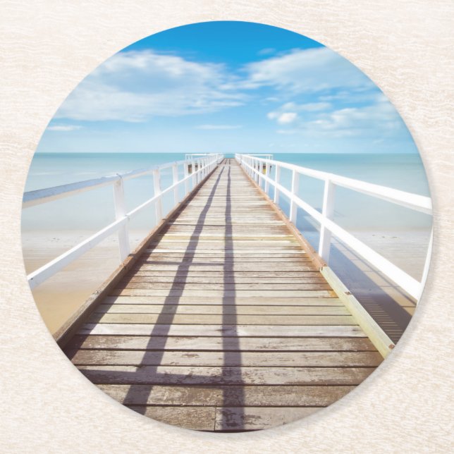 Tropical Beach Pier Round Paper Coaster (Front)