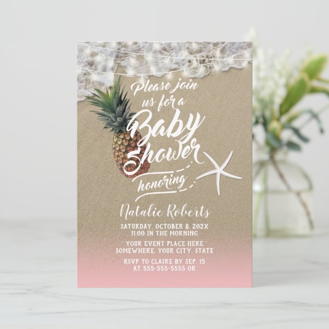 Tropical Beach Pineapple & Starfish Baby Shower  Invitation (Standing Front)
