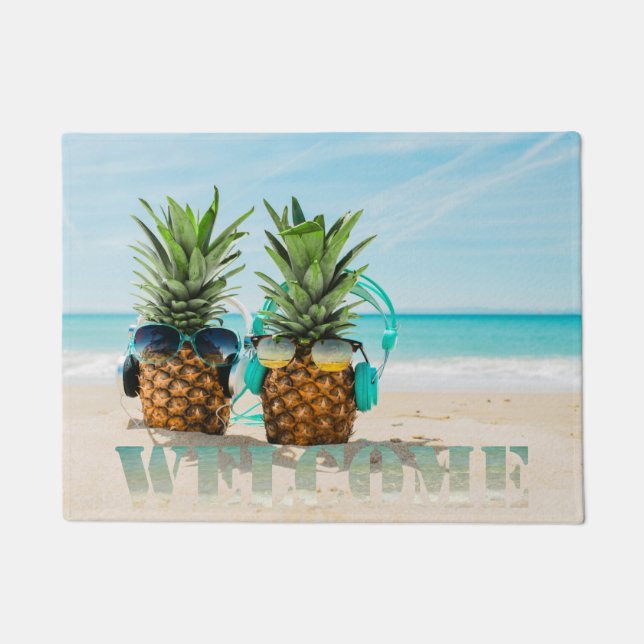 Tropical Beach, Pineapples Welcome Doormat (Front)