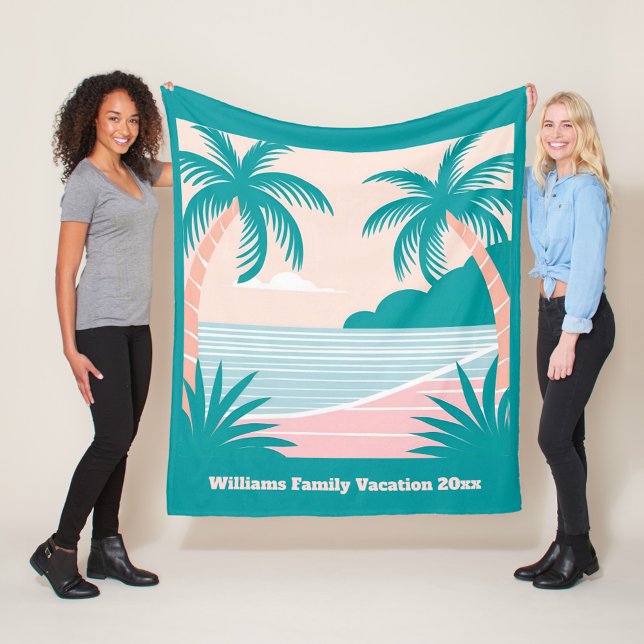Tropical beach, pink and teal customisable text fleece blanket (Creator Uploaded)