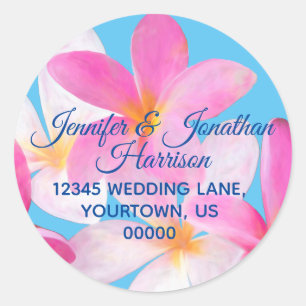 Tropical Beach Pink Floral Sea Blue Return Address Classic Round Sticker