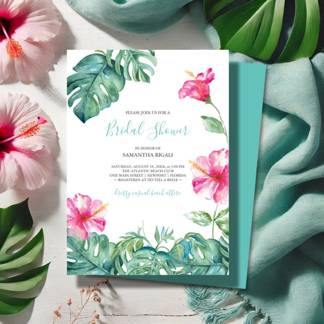 Tropical Beach Pink Floral Watercolor Bridal  (Tropical Hawaiian bridal shower invitations with watercolor flowers and palm leaves V Grigaliunas)