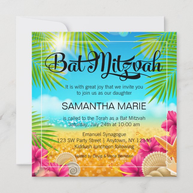 Tropical Beach Pink Hibiscus Bat Mitzvah Invitation (Front)