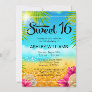 Tropical Beach Pink Hibiscus Sweet 16 Birthday Invitation